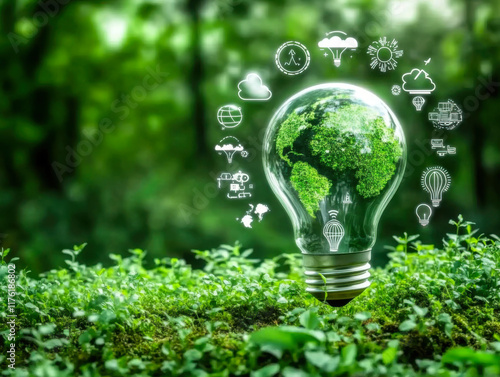 Green map in light bulb with renewable energy icon. Carbon emission low neutral