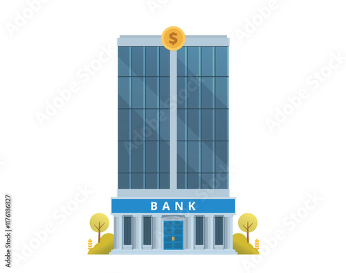 Bank Office Building Illustration, Facade. Editable Vector Illustration Front View on clean white background