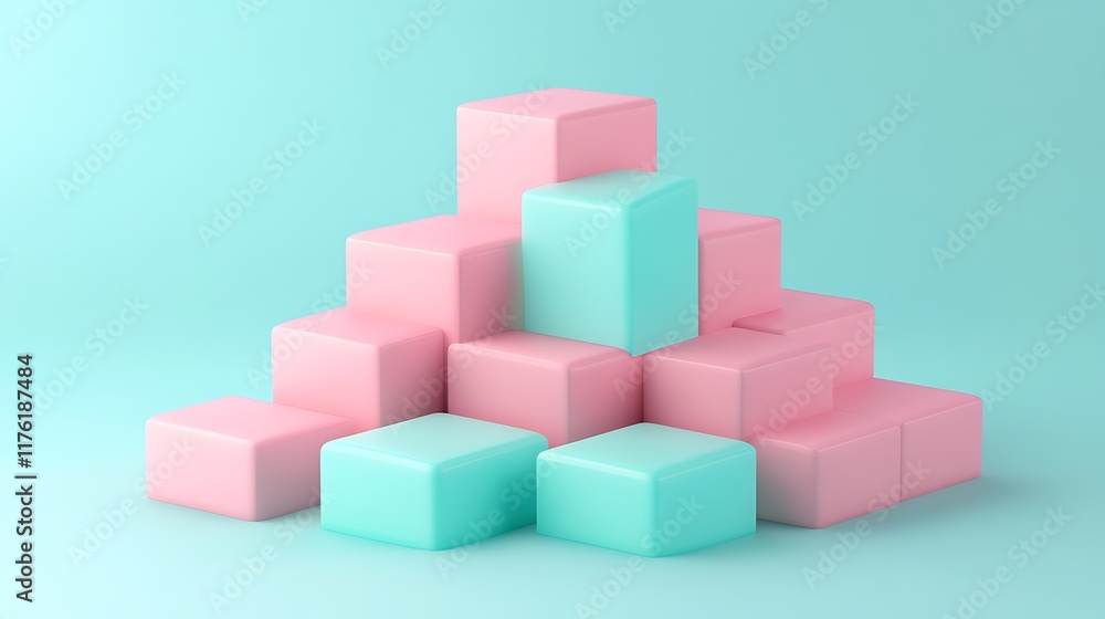 Abstract 3D render of pink and mint cubes forming a stepped pyramid Abstract 3D render of pink and mint cubes forming a stepped pyramid