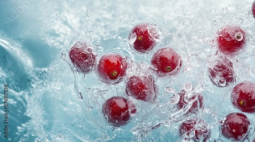 Frozen cranberries splashing in icy water photo