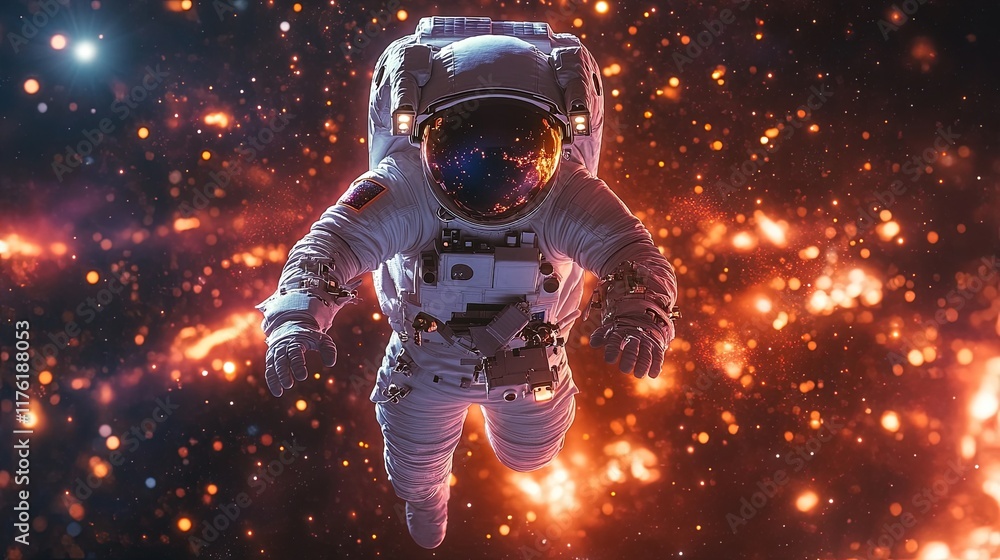 Fototapeta premium An astronaut floats through a vibrant cosmic scene filled with stars and colorful nebulae.