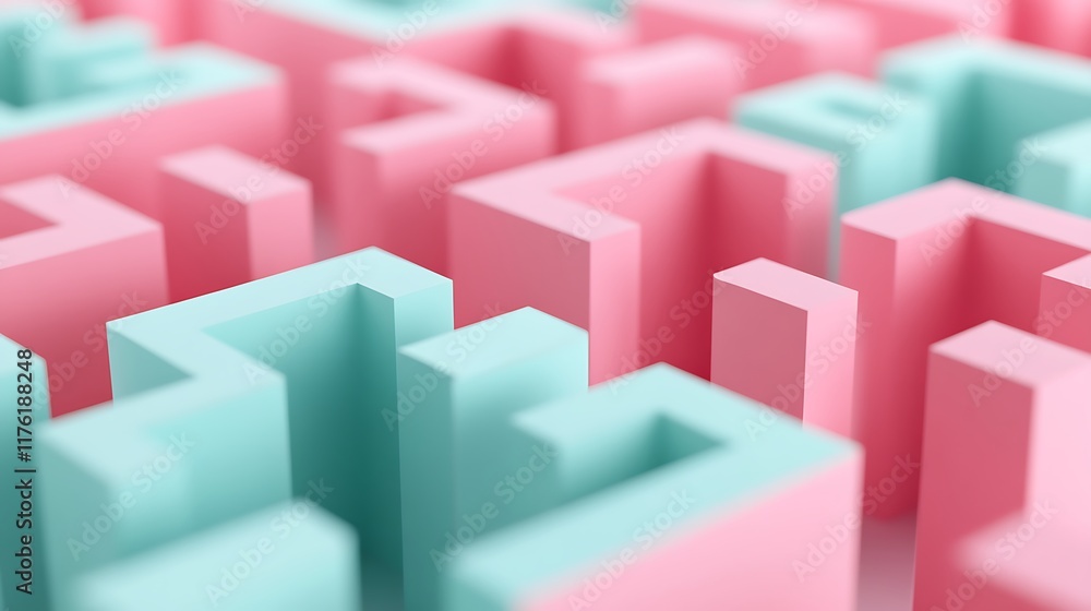 Abstract 3D render of pink and mint cubes forming a symmetrical maze Abstract 3D render of pink and mint cubes forming a symmetrical maze