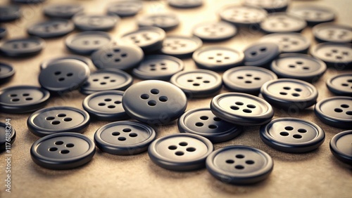 A scattered arrangement of four-hole buttons, casting soft shadows on a textured surface, creating a visual rhythm of circular shapes and subtle depth