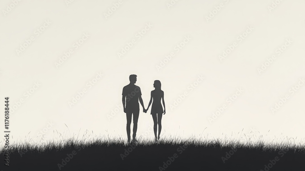 Silhouette of a young couple holding hands against a soft, light background. Silhouette of a young couple holding hands against a soft, light background.
