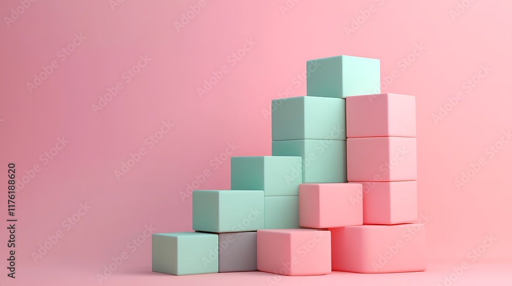 Abstract 3D render of pink and mint cubes forming an ascending gradient Abstract 3D render of pink and mint cubes forming an ascending gradient
