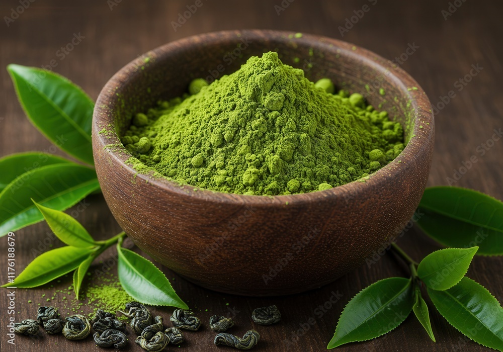 Fresh green tea powder in wooden bowl with leaves and loose tea on rustic background Fresh green tea powder in wooden bowl with leaves and loose tea on rustic background
