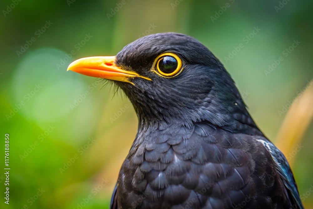 Fototapeta premium Close-Up Tilt-Shift Photo of a Blackbird (Turdus merula)