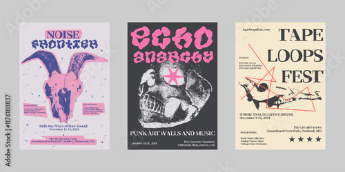 Analog punk poster set, Poster collection for print and social media. Flyer template set, Brutalism poster for band and event. Poster graphic design set