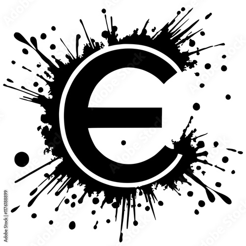 Letter E silhouette with abstract splashes