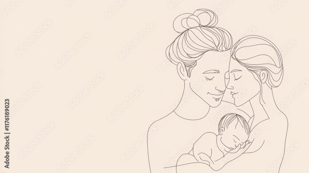 A tender line drawing of a young family; parents embracing their newborn baby. A tender line drawing of a young family; parents embracing their newborn baby.