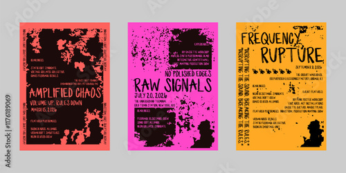 Analog punk poster set, Poster collection for print and social media. Flyer template set, Brutalism poster for band and event. Poster graphic design set