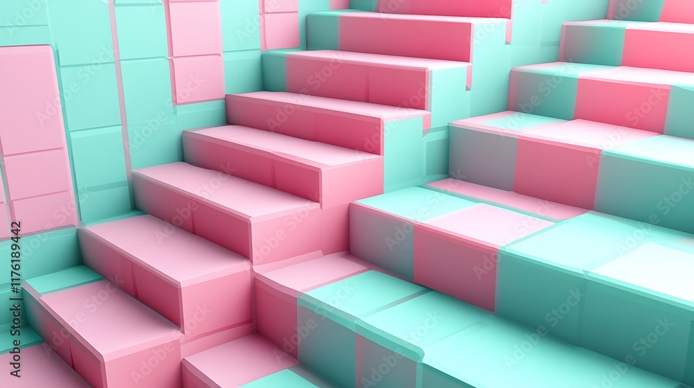 Abstract 3D render of pink and mint cubes forming a stepped tower Abstract 3D render of pink and mint cubes forming a stepped tower