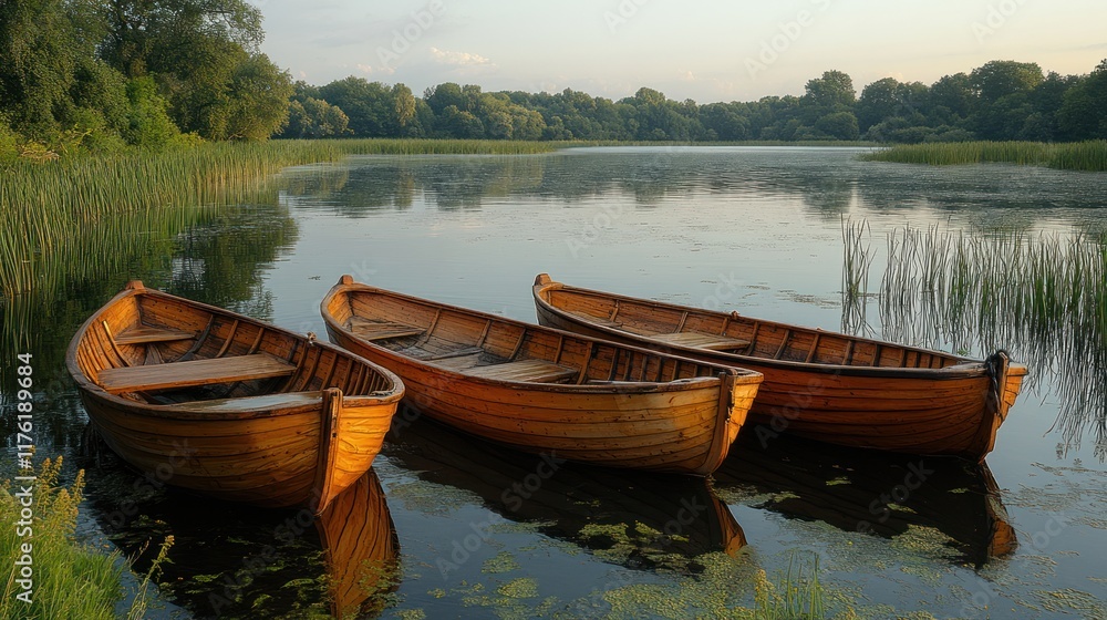 Three wooden boats resting on calm waters surrounded by lush greenery. Three wooden boats resting on calm waters surrounded by lush greenery.