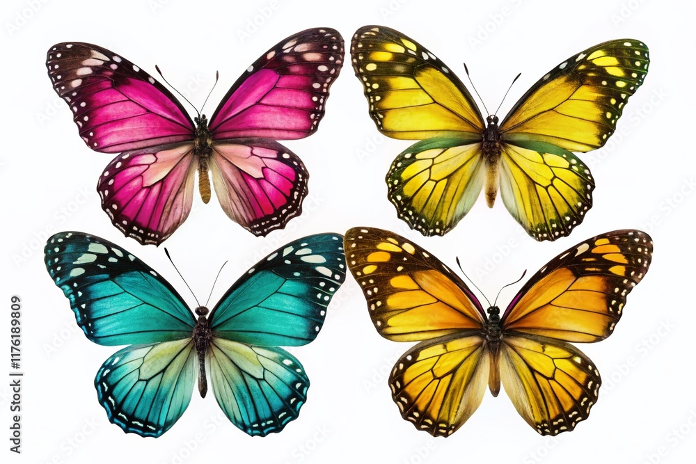 Obraz premium Colorful Butterfly Silhouette Set - Danaus Chrysippus, Pink, Yellow, Green, Blue Isolated on White