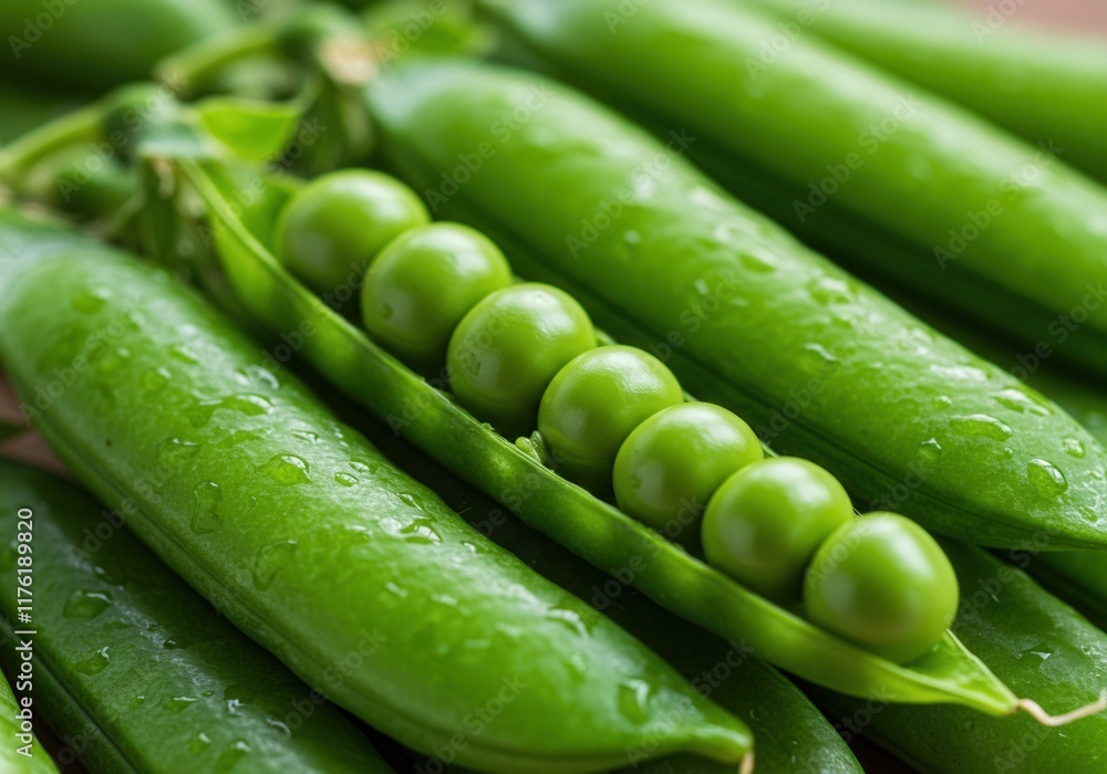 Fresh green peas with water droplets in open pods