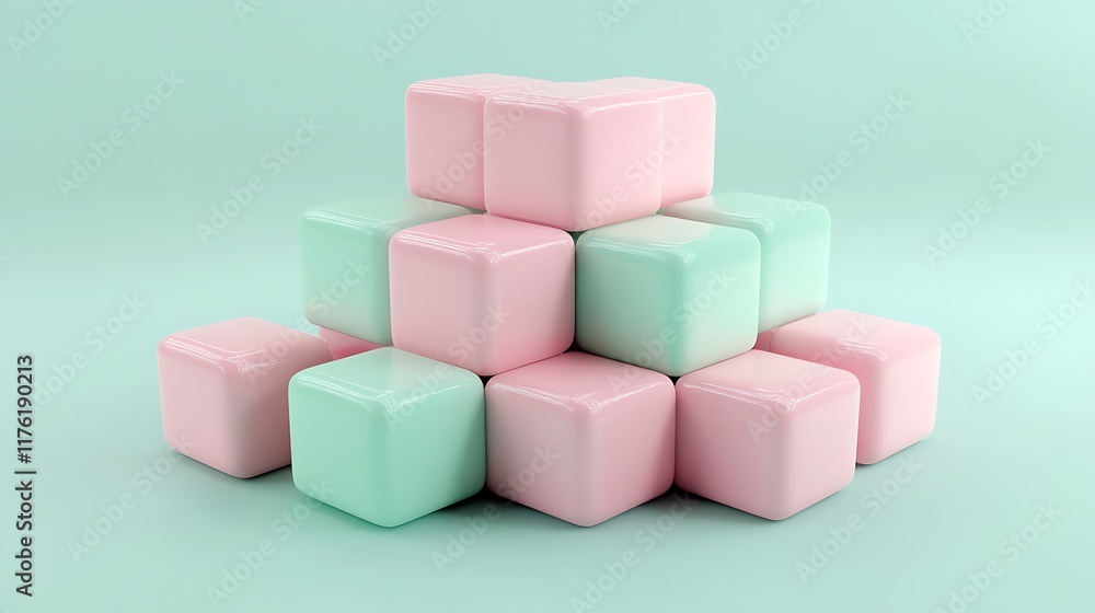 Abstract 3D render of pink and mint cubes stacked in geometric clusters Abstract 3D render of pink and mint cubes stacked in geometric clusters