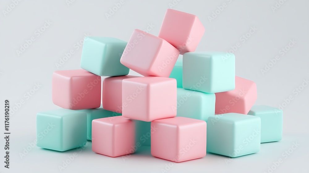 Fototapeta premium Abstract 3D render of pink and mint cubes stacked in geometric clusters