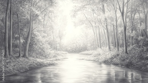 Wallpaper Mural Serene grayscale drawing of a tranquil river flowing through a lush forest. Torontodigital.ca