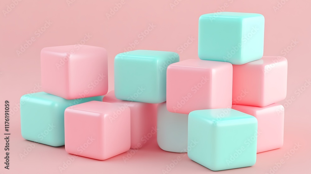 Abstract 3D render of pink and mint cubes positioned in varied heights Abstract 3D render of pink and mint cubes positioned in varied heights