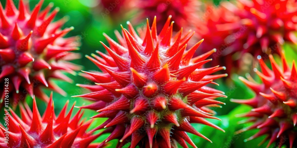 A vibrant cluster of spiky red blooms, each with a delicate sheen, emerges from a lush green background. A vibrant cluster of spiky red blooms, each with a delicate sheen, emerges from a lush green background.