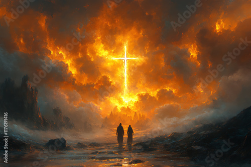 Wallpaper Mural Inspirational spiritual scene with two figures walking toward a glowing cross in the sky, surrounded by vibrant clouds and heavenly light, symbolizing faith and hope Torontodigital.ca