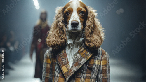 Sophisticated cocker spaniel in vintage plaid suit portrait, Whimsical fashion-forward dog character with theatrical lighting photo