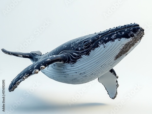 A 3D representation of a humpback whale swimming gracefully in a serene environment. photo