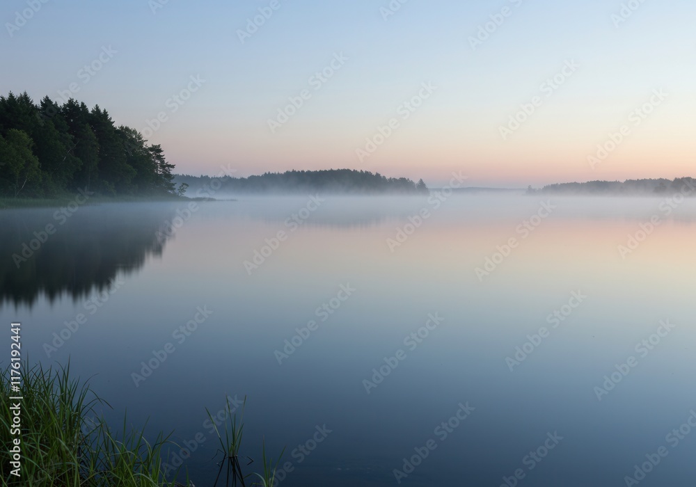 Fototapeta premium Serene dawn mist over tranquil forest lake landscape
