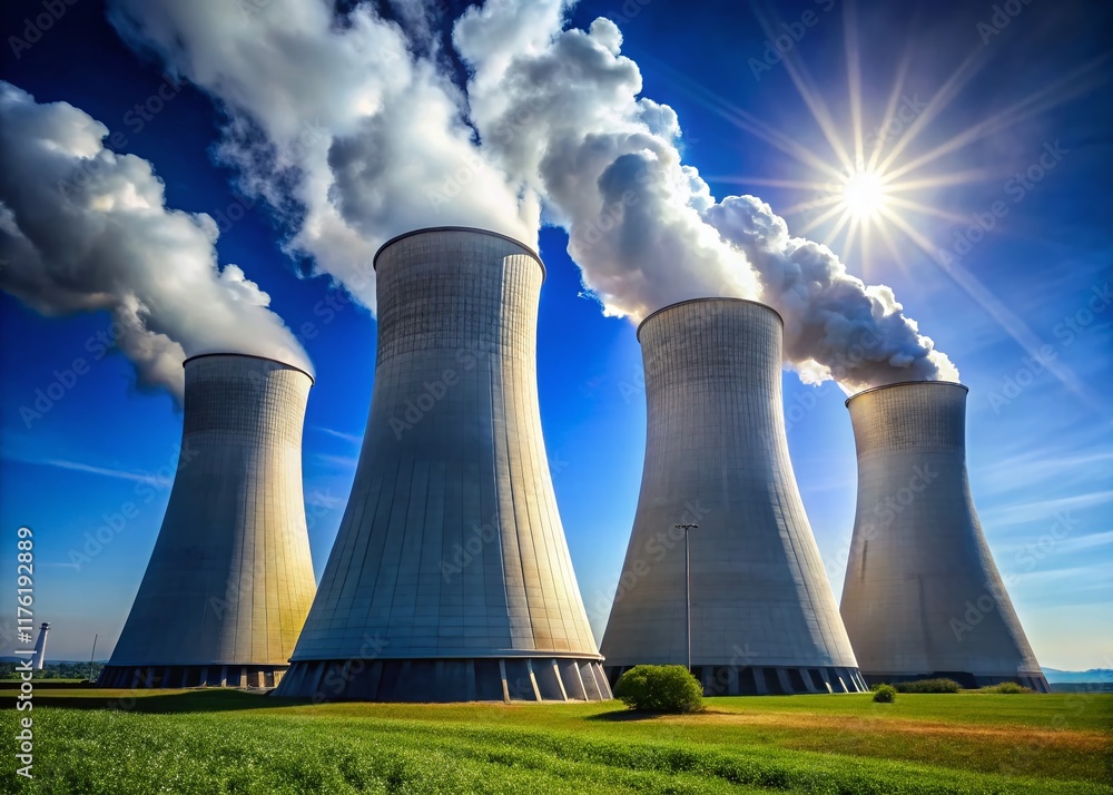 Cooling Towers Vapor Trails, Clear Blue Sky, Power Plant, Industrial Energy, Sunny Day Cooling Towers Vapor Trails, Clear Blue Sky, Power Plant, Industrial Energy, Sunny Day