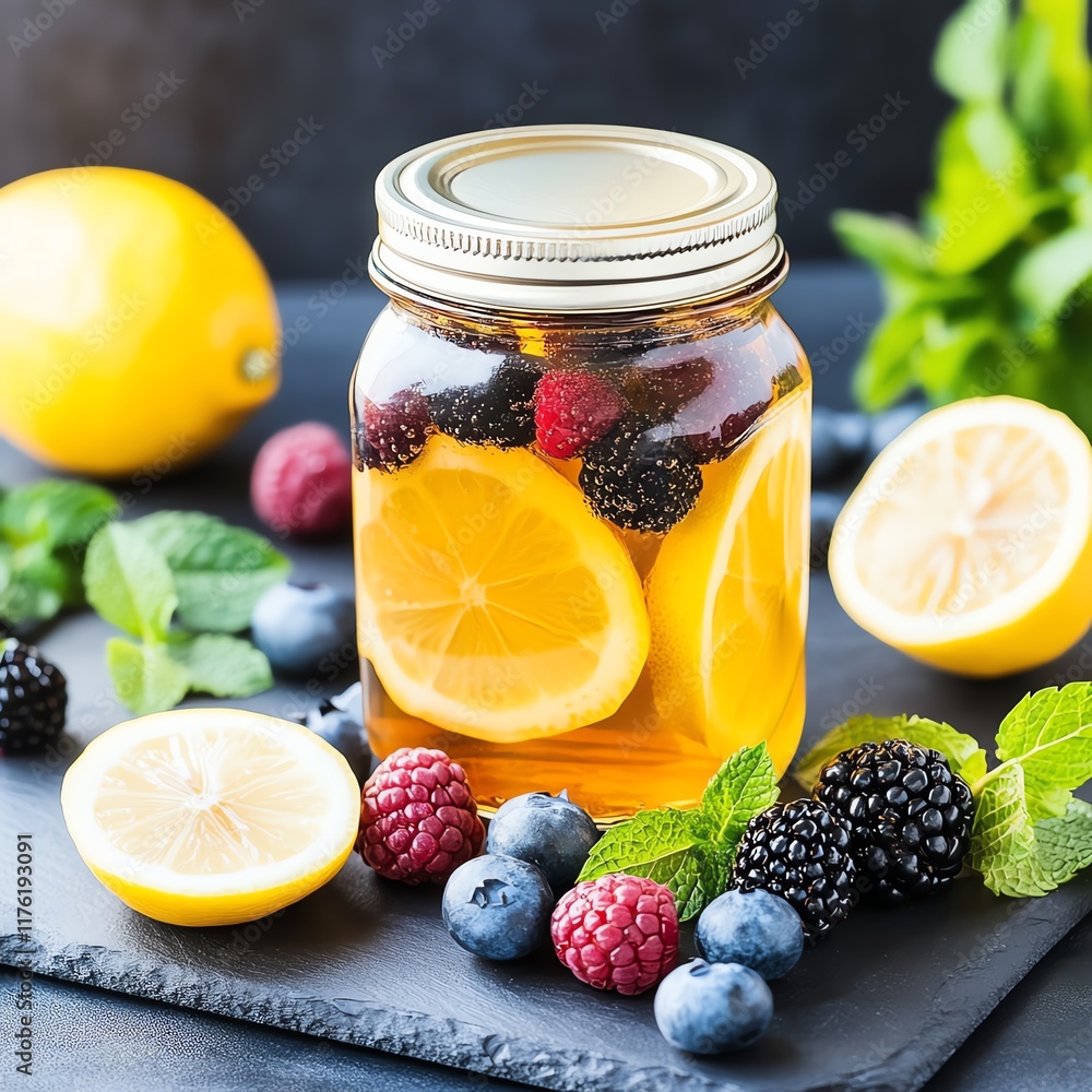 A refreshing jar of homemade fruit infusion featuring lemons and assorted berries, garnished with mint leaves. A refreshing jar of homemade fruit infusion featuring lemons and assorted berries, garnished with mint leaves.