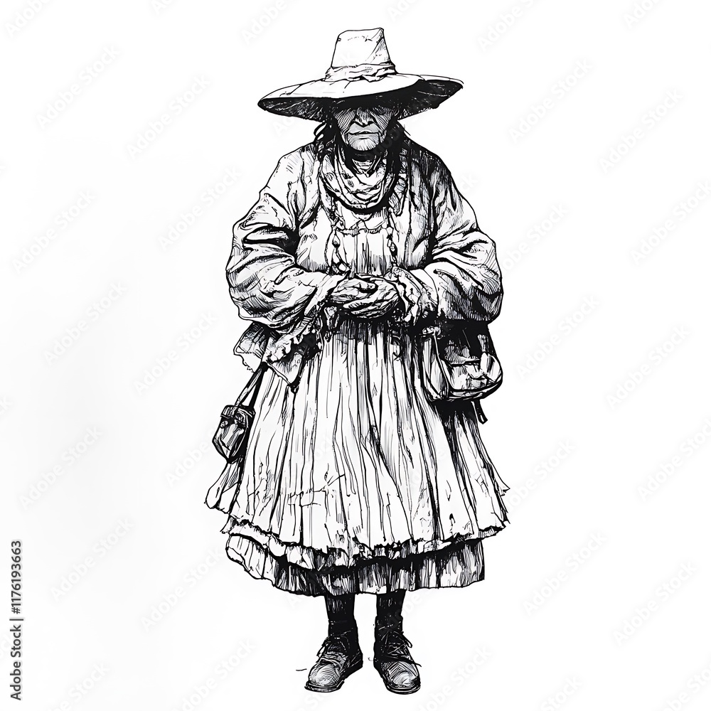 Obraz premium Ink Drawing of an Elderly Woman in a Wide-Brimmed Hat and Long Dress.