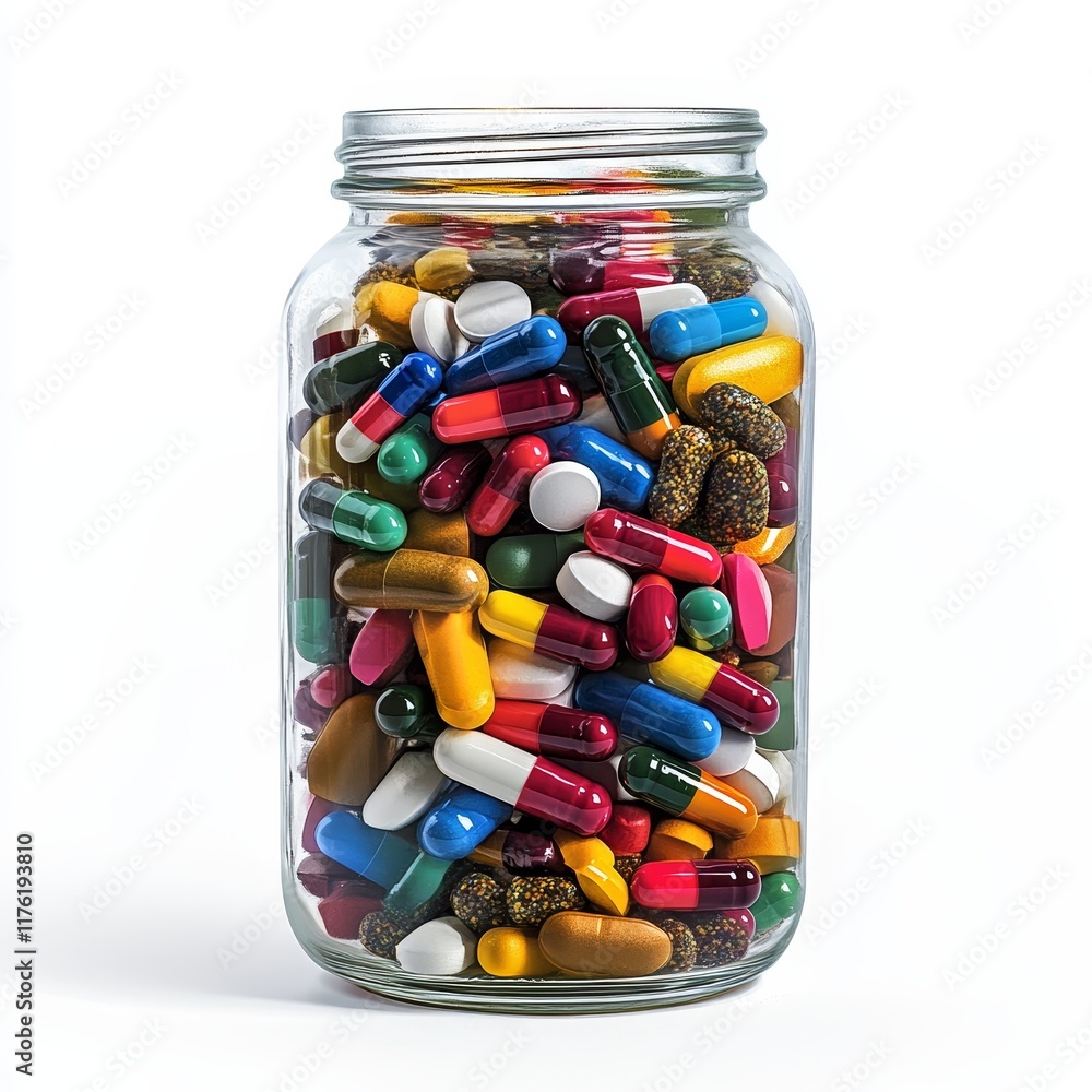 Colorful pills and tablets in a glass jar. Colorful pills and tablets in a glass jar.