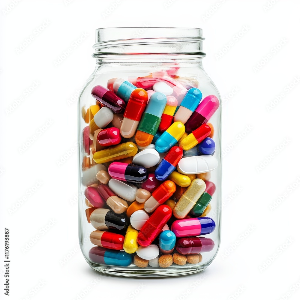 Colorful pills and capsules in a glass jar on white background. Colorful pills and capsules in a glass jar on white background.