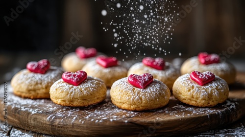 A recipe card for Valentine s Day cookies with heart decorations leaving space for text focus on creative theme nostalgic manipulation kitchen counter backdrop photo