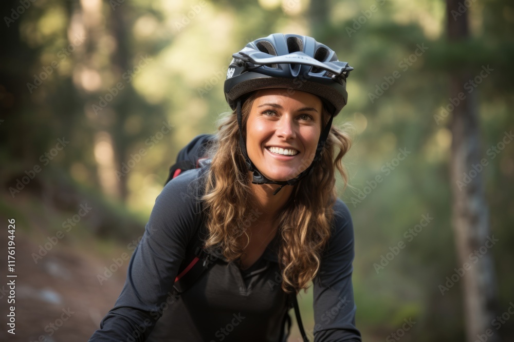 Portrait of a smiling woman wearing bicycle helmet on a forest trail Portrait of a smiling woman wearing bicycle helmet on a forest trail