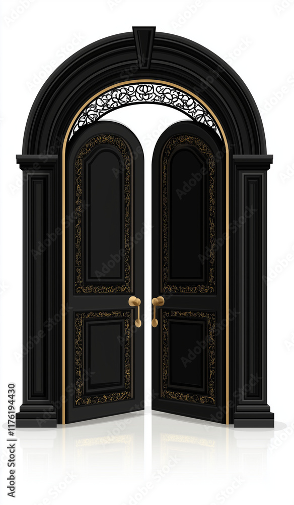Fototapeta premium Black door with a frame, isolated on a white background. Minimal creative vintage interior concept with copy space. Copy space, flat lay. Advertisement for furniture stores.