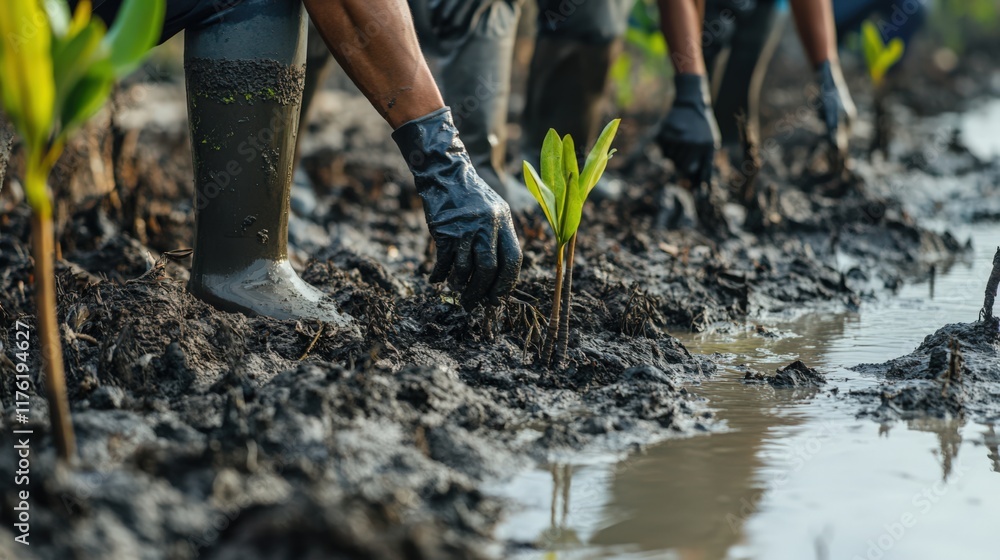 A man is planting a tree in a muddy field A man is planting a tree in a muddy field