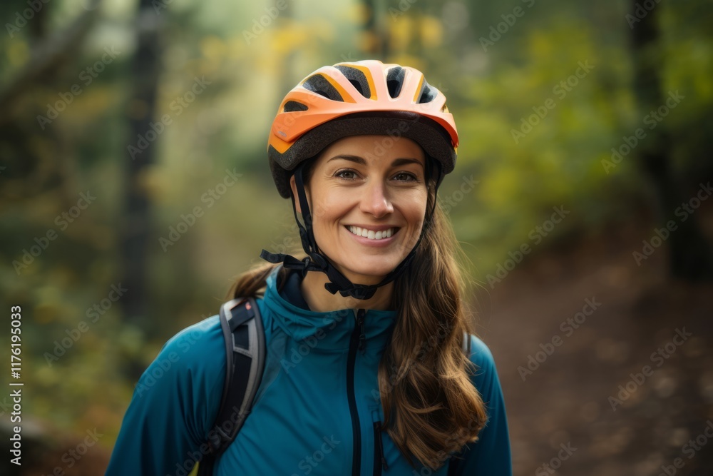Portrait of a smiling young woman with bicycle helmet in the forest Portrait of a smiling young woman with bicycle helmet in the forest