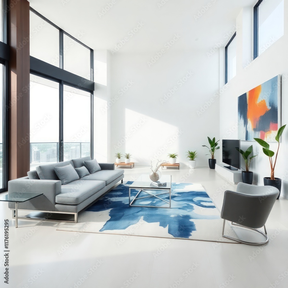 a bright and airy living room, characterized by its modern aesthetic and striking design elements. Seating. Coffee Table. Artwork. Rug. Plants. Windows. Flooring. a bright and airy living room, characterized by its modern aesthetic and striking design elements. Seating. Coffee Table. Artwork. Rug. Plants. Windows. Flooring.