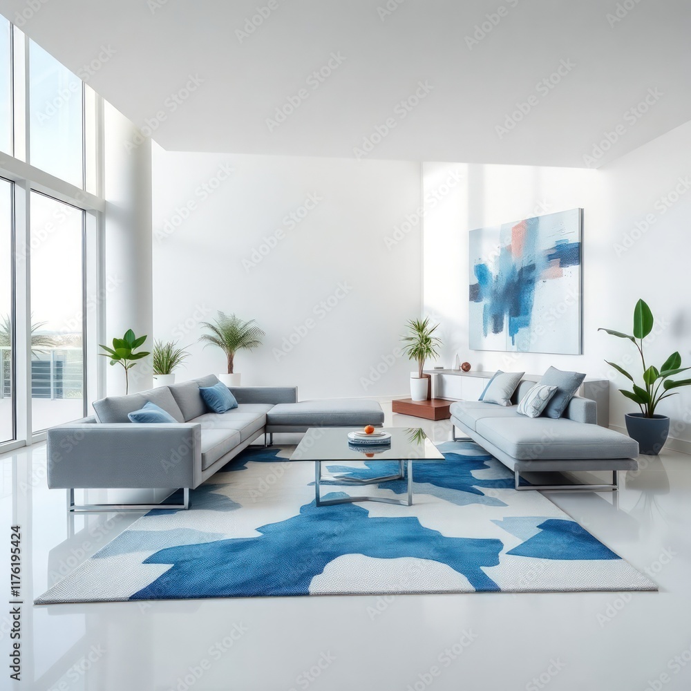 Naklejka premium a bright and airy living room, characterized by its modern aesthetic and striking design elements. Seating. Coffee Table. Artwork. Rug. Plants. Windows. Flooring. 