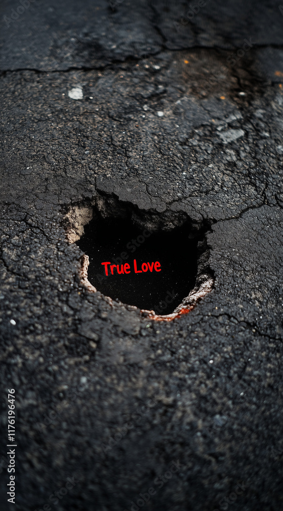 A surreal photo of an open hole in the asphalt with A surreal photo of an open hole in the asphalt with