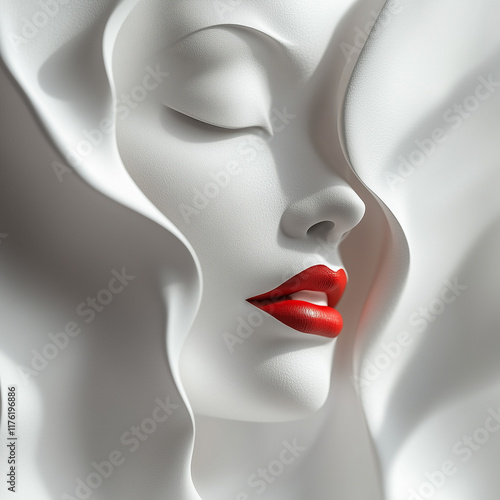 Wallpaper Mural An abstract-style portrait of a beautiful woman’s face, made from white paper with red lips and long eyelashes, is set against a pure gray background, creating a three-dimensional effect. Torontodigital.ca