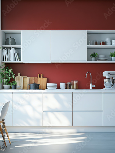 modern bright ikea kitchen wall, daylight red accessories photo