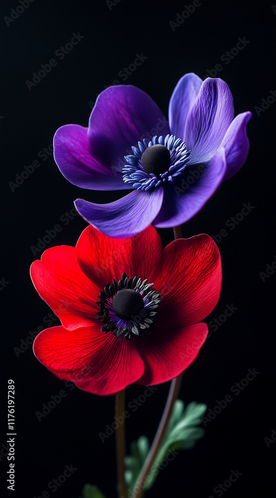 Fototapeta premium Dark red and purple anemones, close-up, on a black background.minimal creative nature concept.Copy space,flat lay 