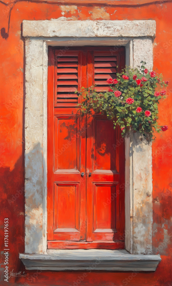 Fototapeta premium A Red clusters of closed shutters, a red door, and a red window with the shades up. Red canvas print wall art for home decor.