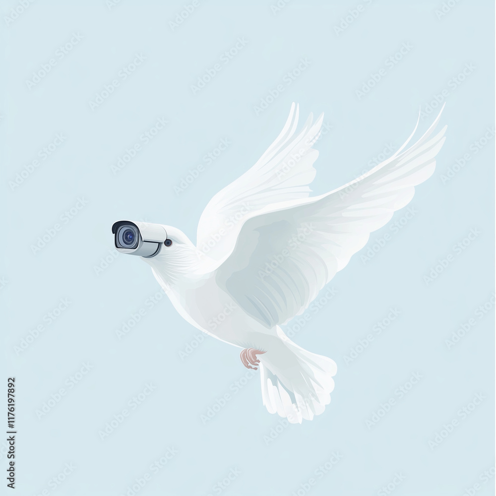 Obraz premium A white dove flying in the sky with a security camera on its head, set against a simple background, 3D rendering.Minimal creative nature and environment concept.Copy space,flat lay