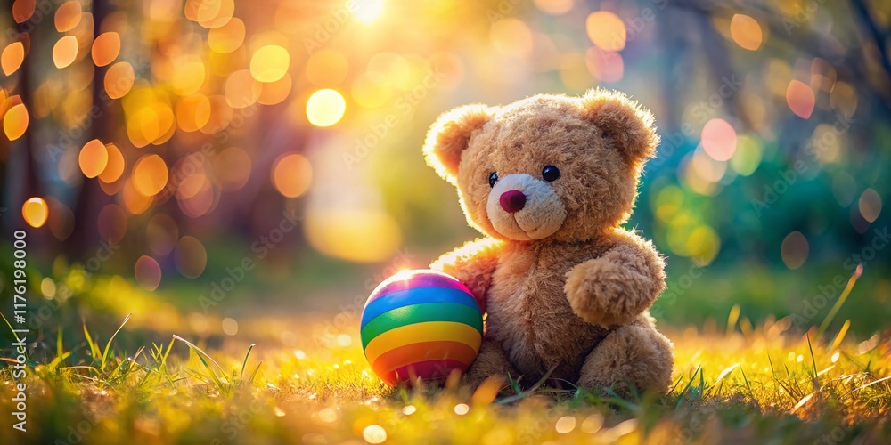 Cute Teddy Bear Playing with Ball, Bokeh Background - Adorable Child's Toy Photo Cute Teddy Bear Playing with Ball, Bokeh Background - Adorable Child's Toy Photo