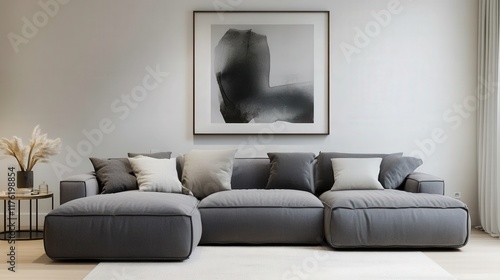A large gray sectional sofa is the main focus of the image, with a black