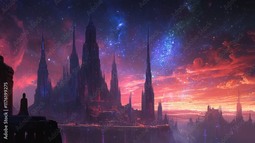 Naklejka premium Nightfall over the Gothic Metropolis: A Sci-Fi Fantasy Cityscape