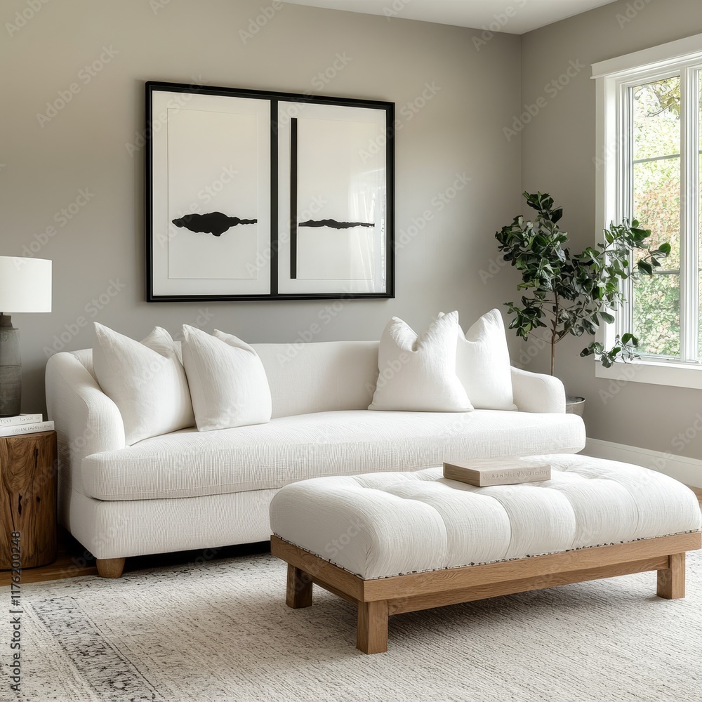 Fototapeta premium Modern living room with white sofa, ottoman, and abstract art.